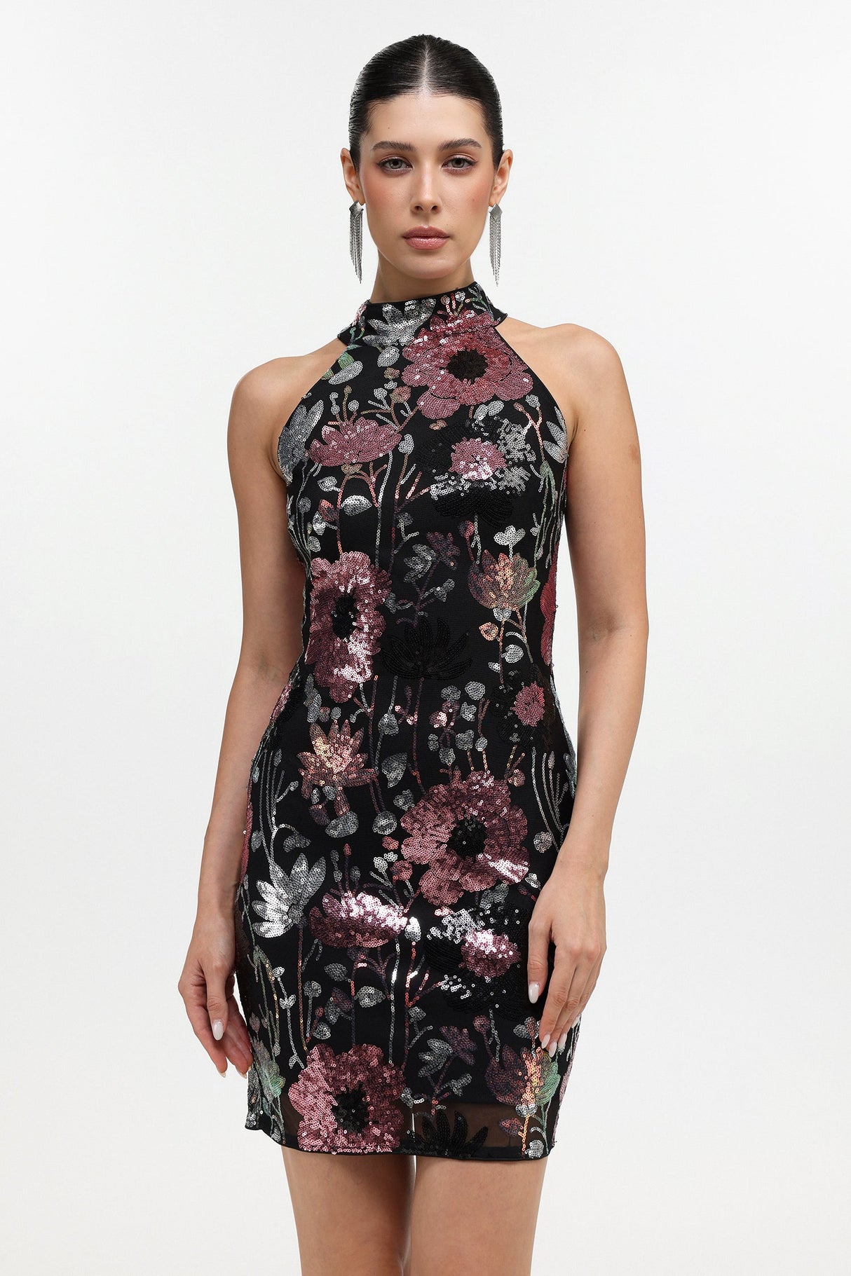 Claire Black Floral Sequin Halter Mini Dress