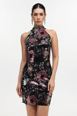 Claire Black Floral Sequin Halter Mini Dress