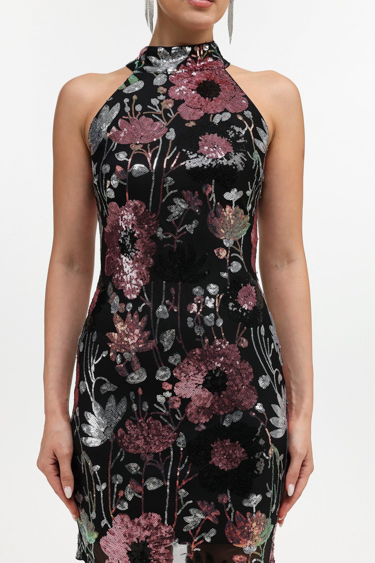 Claire Black Floral Sequin Halter Mini Dress
