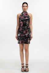 Claire Black Halter Neckline Floral Embellished Sequin Mini Dress