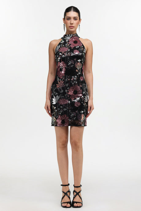 Claire Black Halter Neckline Floral Embellished Sequin Mini Dress