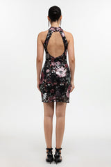 Claire Black Halter Neckline Floral Embellished Sequin Mini Dress