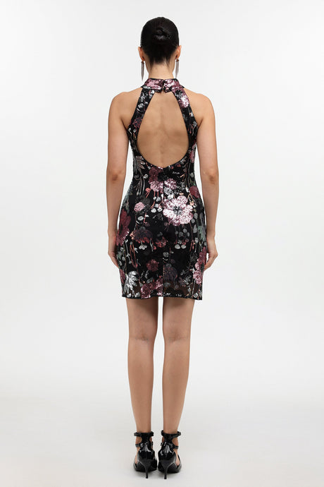 Claire Black Halter Neckline Floral Embellished Sequin Mini Dress