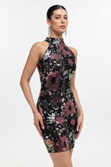 Claire Black Halter Neckline Floral Sequin Mini Dress