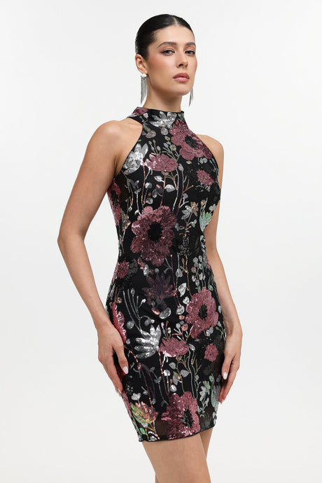 Claire Black Halter Neckline Floral Sequin Mini Dress