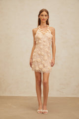 Claire Mini Dress - Halterneck - Sleeveless - 3D - Petal Detailing - Lace Overlay - Bead Embellishment