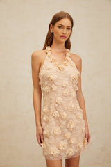 Claire Mini Dress - Halterneck - Sleeveless - 3D - Petal Detailing - Lace Overlay - Bead Embellishment