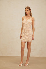 Claire Mini Dress - Halterneck - Sleeveless - 3D - Petal Detailing - Lace Overlay - Bead Embellishment