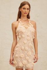 Claire Mini Dress - Halterneck - Sleeveless - 3D - Petal Detailing - Lace Overlay - Bead Embellishment