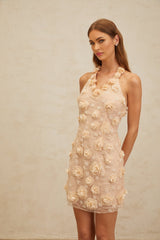 Claire Mini Dress - Halterneck - Sleeveless - 3D - Petal Detailing - Lace Overlay - Bead Embellishment
