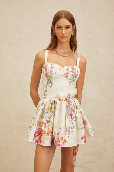 Claire Mini Dress - Sweetheart Neckline - Cinched Waist - Floral Print - Flounce Skirt - Rear Zip Fastening