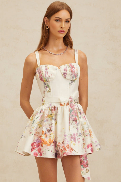 Claire Mini Dress - Sweetheart Neckline - Cinched Waist - Floral Print - Flounce Skirt - Rear Zip Fastening