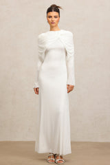 Claire White Elegant Fashion Dress Round Neckline Long Sleeves Asymmetric Folds Soft Flowing Fabric Flattering Silhouette