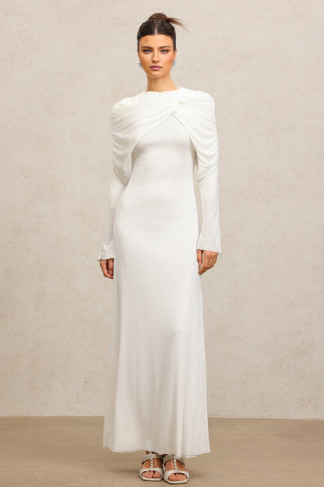 Claire White Elegant Fashion Dress Round Neckline Long Sleeves Asymmetric Folds Soft Flowing Fabric Flattering Silhouette