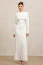 Claire White Elegant Fashion Dress Round Neckline Long Sleeves Asymmetric Folds Soft Flowing Fabric Flattering Silhouette
