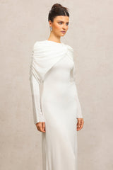 Claire White Elegant Fashion Dress Round Neckline Long Sleeves Asymmetric Folds Soft Flowing Fabric Flattering Silhouette
