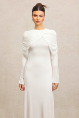 Claire White Elegant Fashion Dress Round Neckline Long Sleeves Asymmetric Folds Soft Flowing Fabric Flattering Silhouette