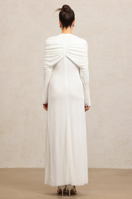 Claire White Elegant Fashion Dress Round Neckline Long Sleeves Asymmetric Folds Soft Flowing Fabric Flattering Silhouette Formal Evening Events Sophisticated Charm Craftsmanship Attention to Detail Fashion-Forward