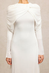 Claire White Elegant Fashion Dress Round Neckline Long Sleeve Asymmetric Folds Soft Flowing Fabric Formal Evening Events Sophisticated Charm Craftsmanship Attention to Detail