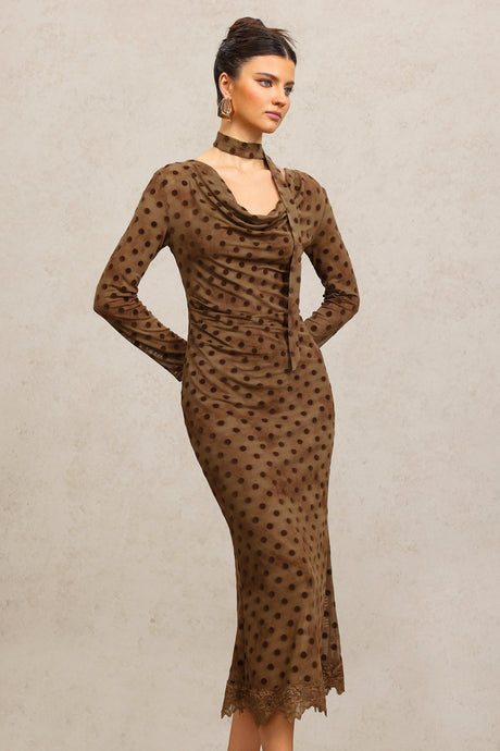 Clara Brown Polka Dot Cowl Neck Dress with Streamer Detailing and Long Sleeves