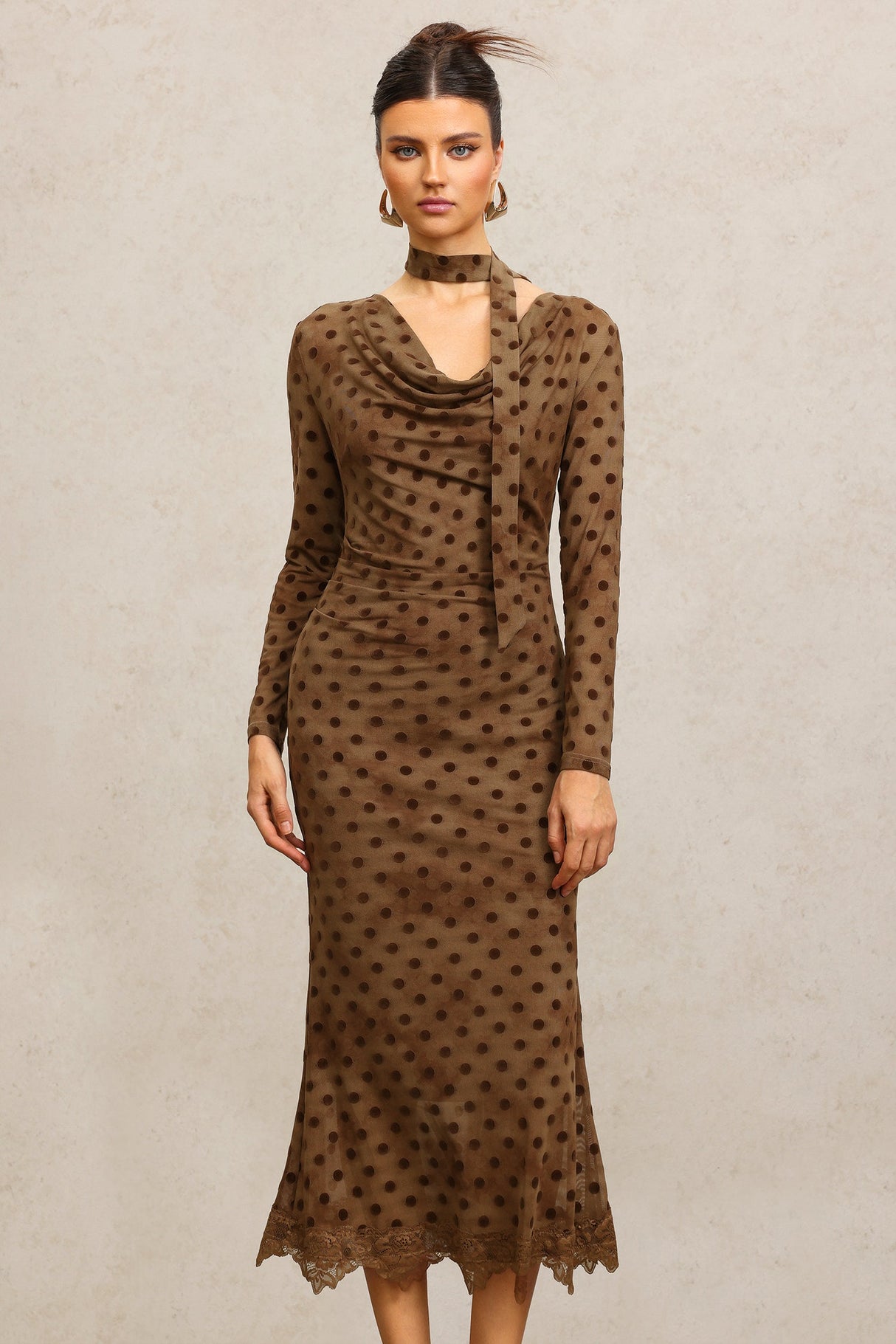Clara Brown Polka Dot Cowl Neck Dress with Streamer Detailing