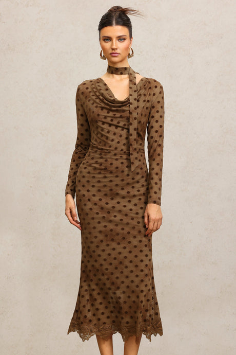 Clara Brown Polka Dot Cowl Neck Dress with Streamer Detailing