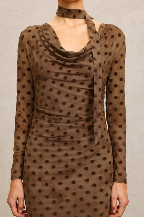 Clara Brown Polka Dot Cowl Neck Dress with Streamer Detailing