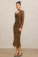 Clara Brown Polka Dot Cowl Neck Dress with Streamer Detailing and Long Sleeves