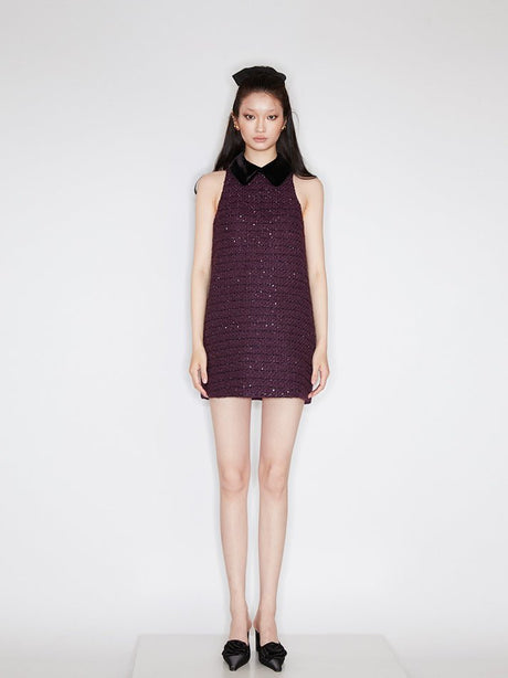 Clara Dress - Sleeveless A - Line Silhouette - Velvet Collar - Shimmering Details - Relaxed Fit