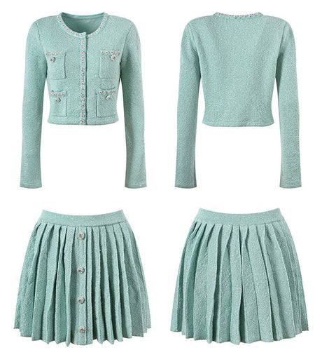 Clara Jacket & Skirt Set - Sophisticated Tweed Texture - Floral Embellishments - Pearl Button Detailing - Tailored Fit