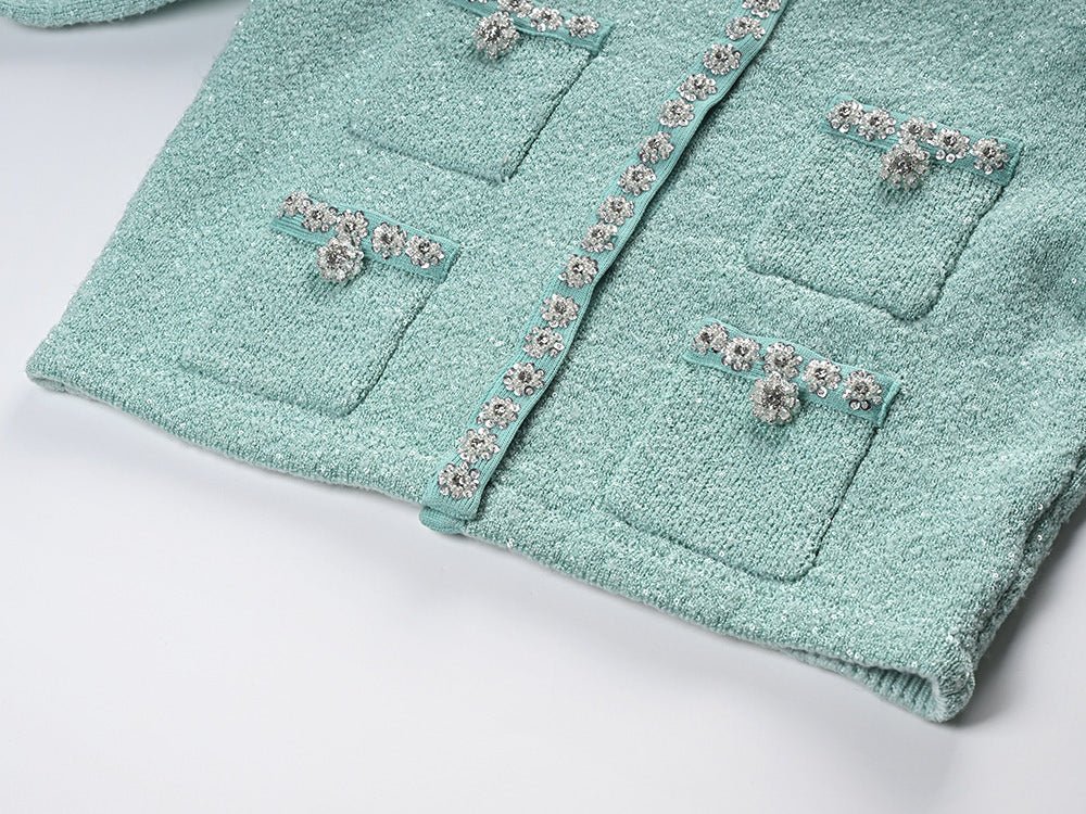 Clara Jacket & Skirt Set - Sophisticated Tweed Texture - Floral Embellishments - Pearl Button Detailing - Tailored Fit