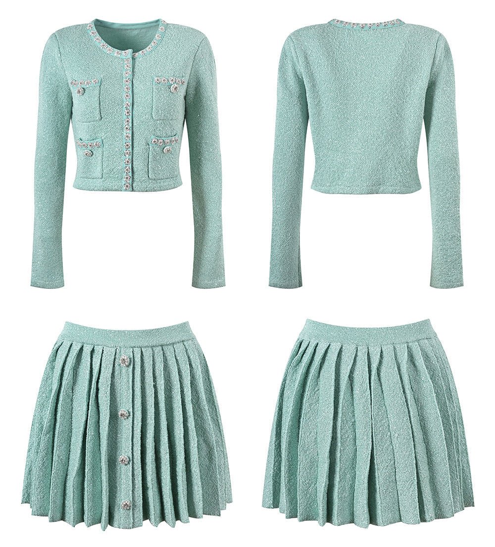 Clara Jacket & Skirt Set - Sophisticated Tweed Texture - Floral Embellishments - Pearl Button Detailing - Tailored Fit