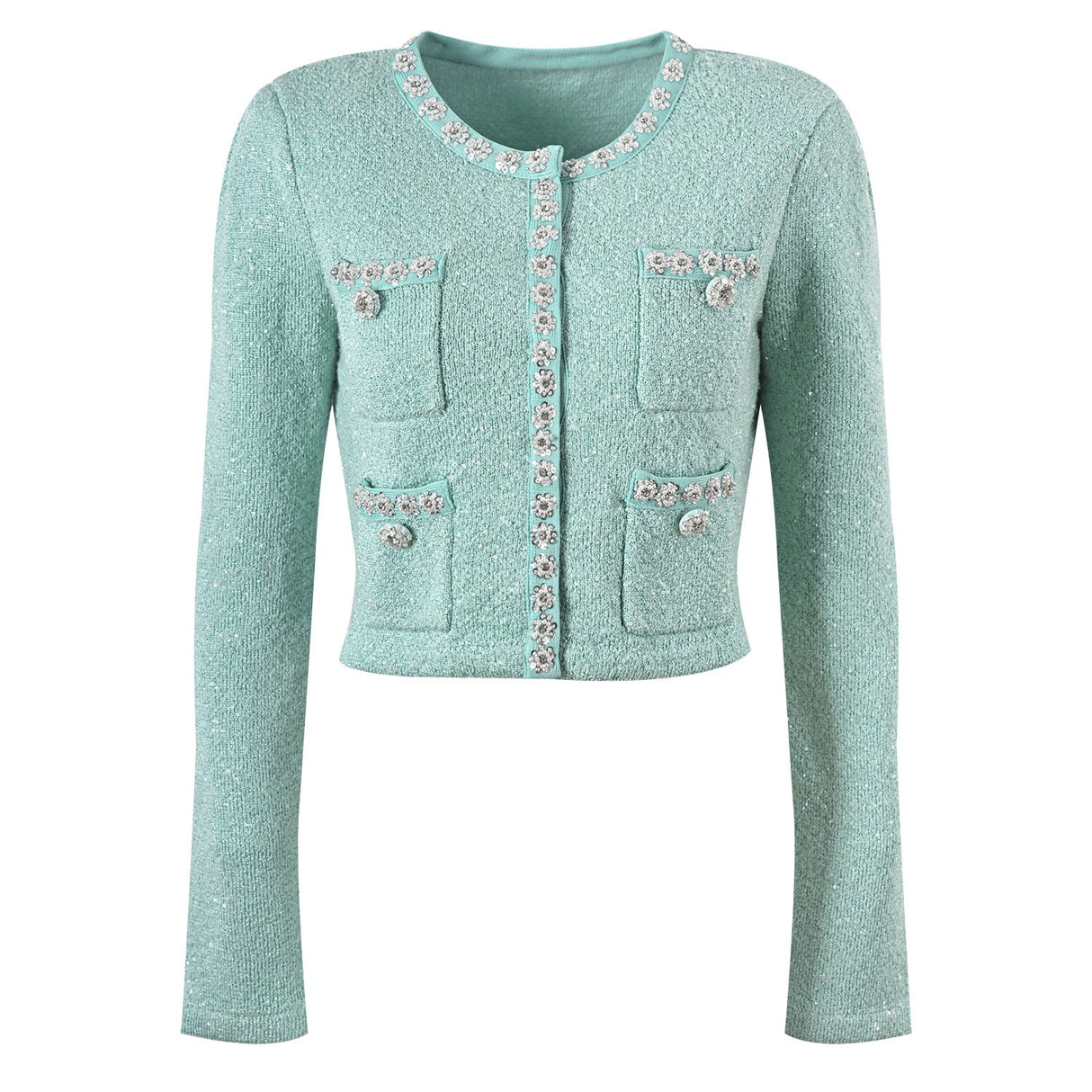 Clara Jacket & Skirt Set - Sophisticated Tweed Texture - Floral Embellishments - Pearl Button Detailing - Tailored Fit