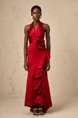 Clara Maxi Dress - Halterneck Design - Open Back - Satin Finish - 3D Petal Ruffle Detailing
