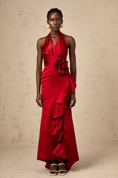 Clara Maxi Dress - Halterneck Design - Open Back - Satin Finish - 3D Petal Ruffle Detailing