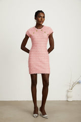 Clara Mini Dress - Fringe Detailing - Button Front - Knitted Construction - Stretch Jersey