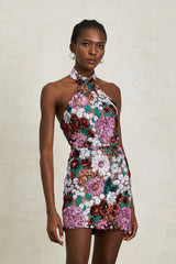 Clara Purple Sequined Floral Embroidered Mini Dress