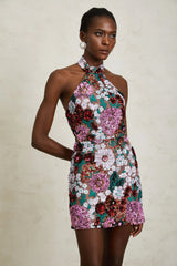Clara Purple Sequined Floral Embroidered Mini Dress