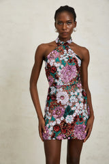 Clara Purple Sequined Floral Embroidered Mini Dress