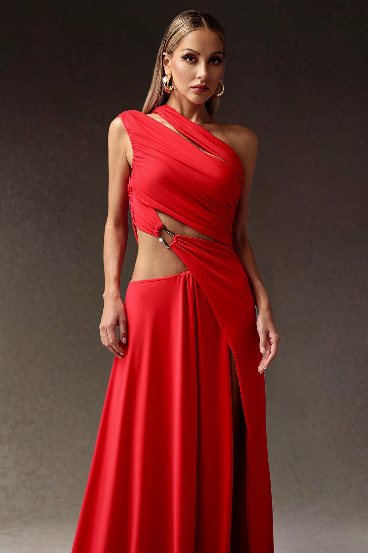 Clara Red High Slit Hollowed Out Detailing Asymmetrical Neckline Dress