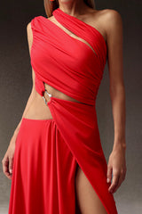 Clara Red High Slit Hollowed Out Detailing Asymmetrical Neckline Dress