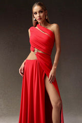 Clara Red High Slit Hollowed Out Detailing Asymmetrical Neckline Dress