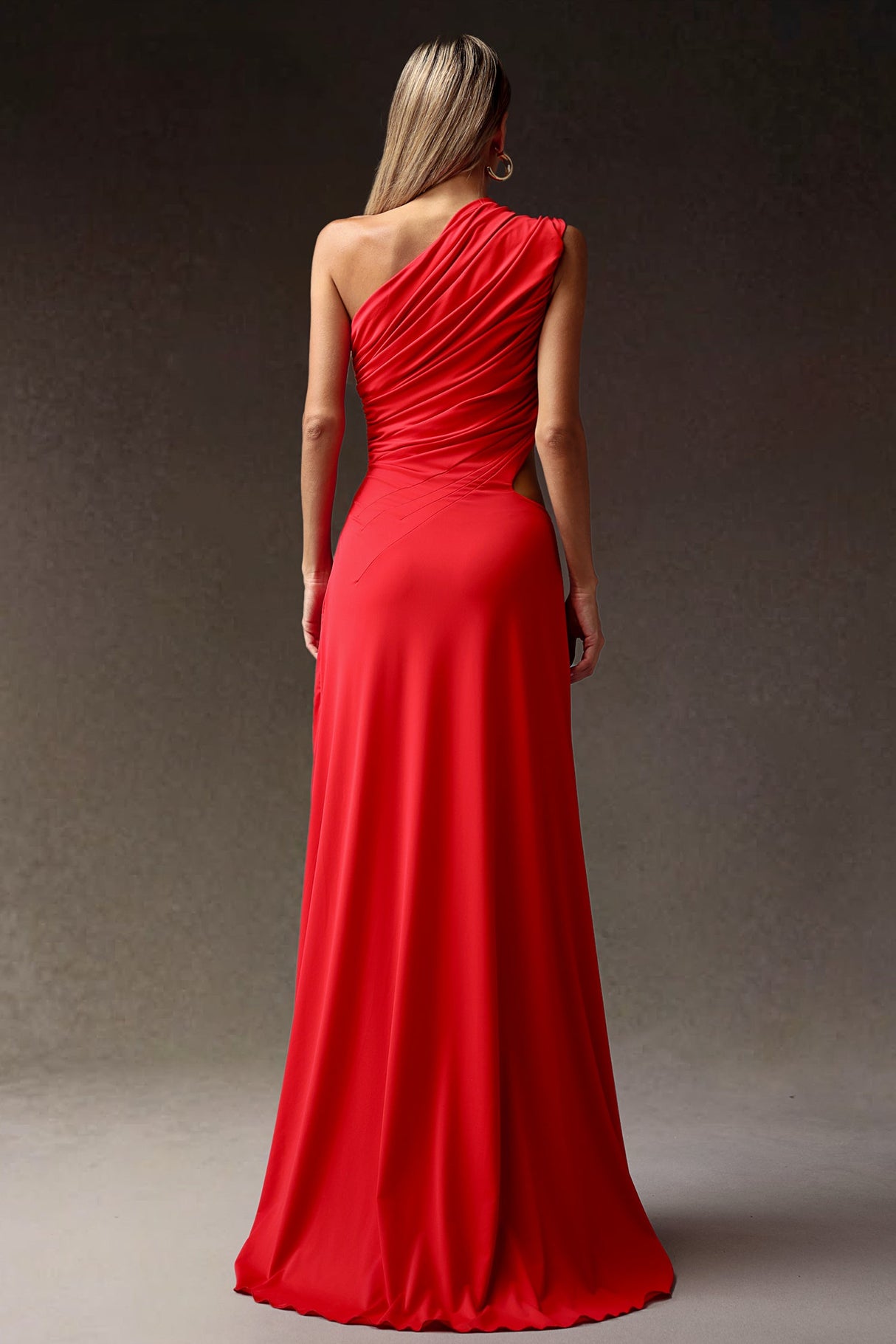 Clara Red High Slit Hollowed Out Detailing Asymmetrical Neckline Dress