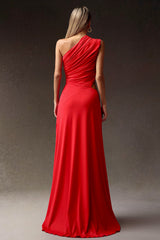 Clara Red High Slit Hollowed Out Detailing Asymmetrical Neckline Dress