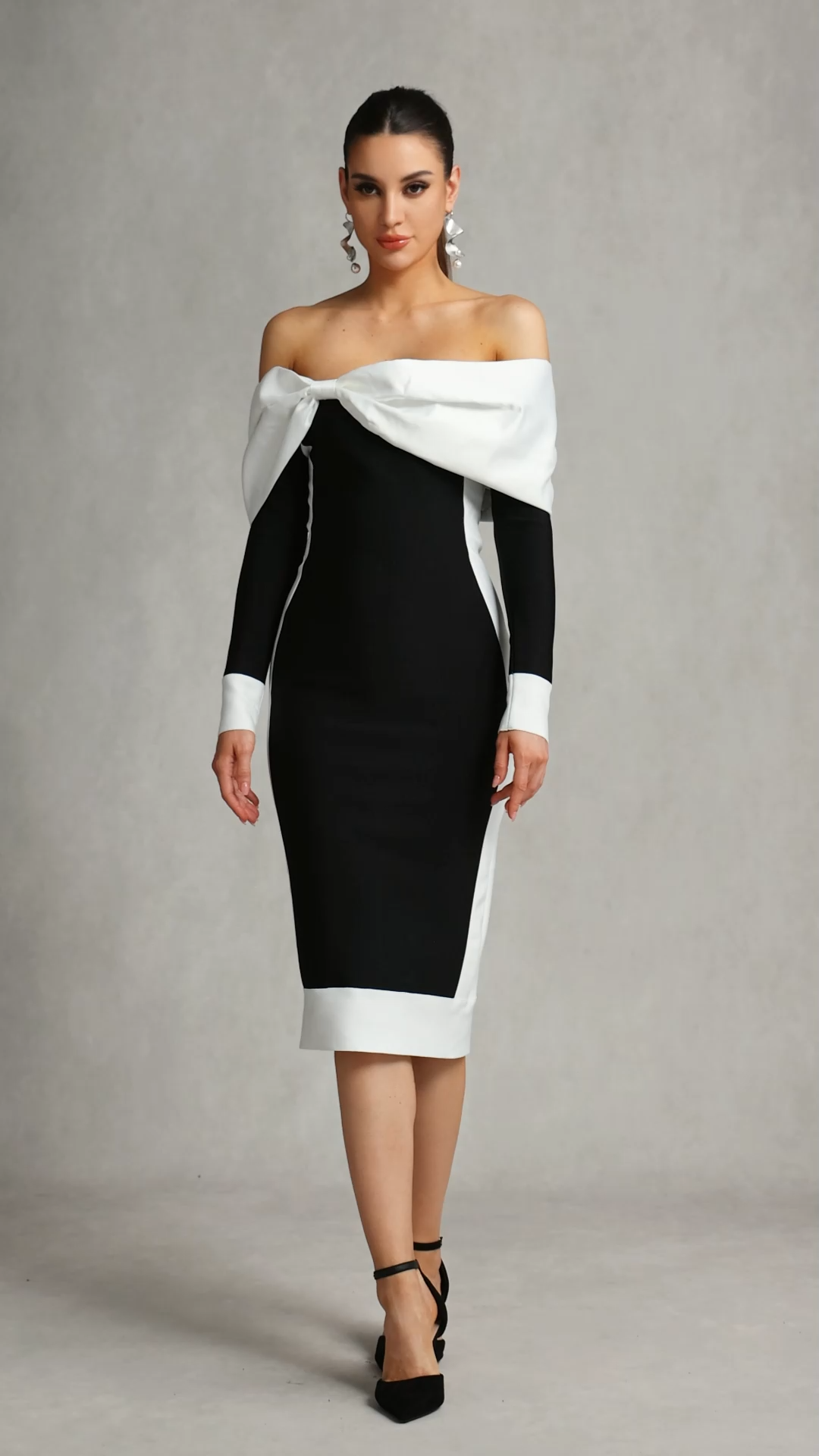 Clarissa Black Off-Shoulder Bow Detail Midi Dress for Women