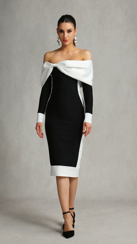 Clarissa Black Off-Shoulder Bow Detail Midi Dress for Women