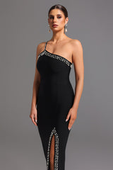 Clarissa Black One-Shoulder Bandage Dress with Pearl Detailing and Slit Design