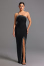 Clarissa Black One-Shoulder Bandage Dress with Pearl Detailing and Slit Design