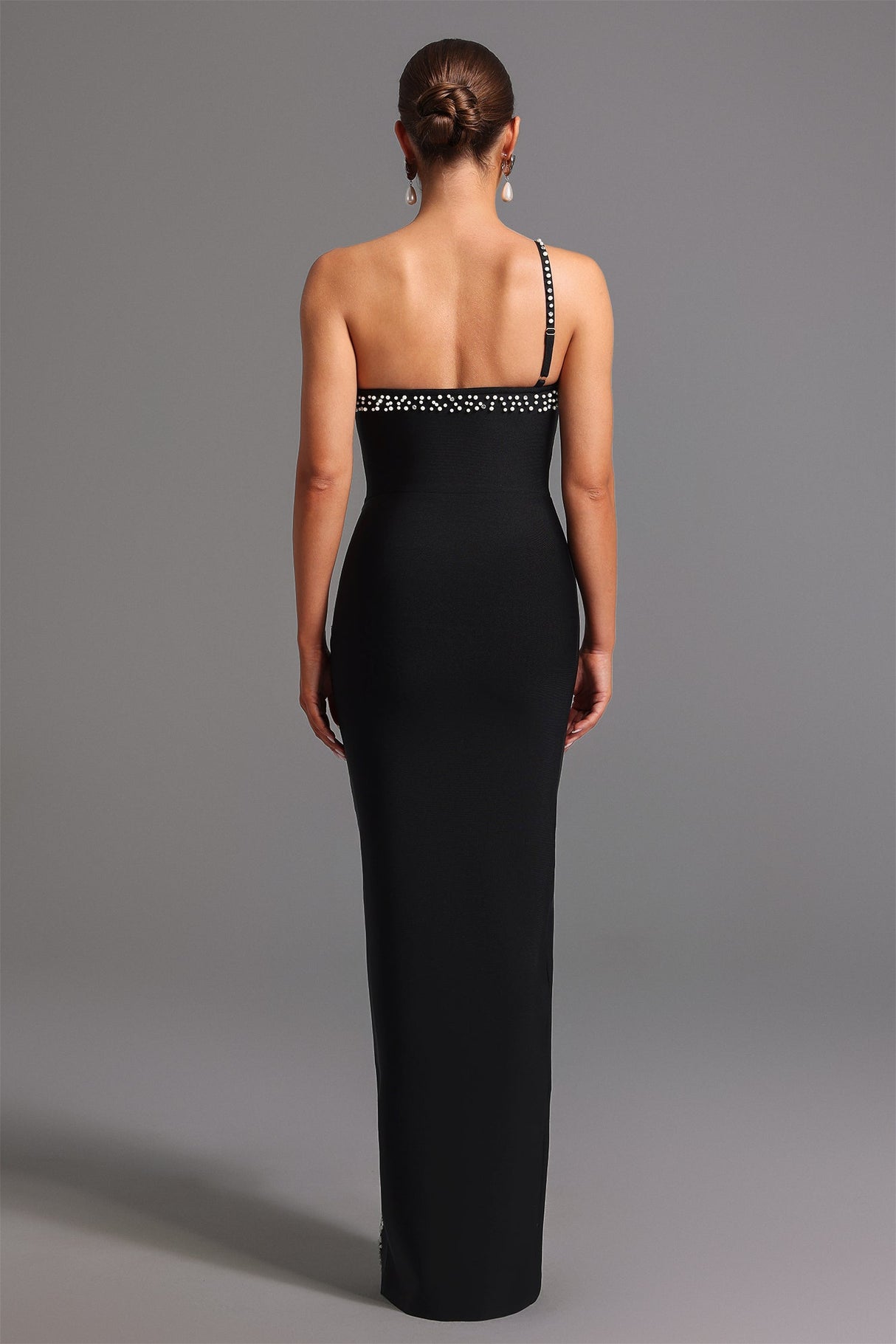 Clarissa Black One-Shoulder Bandage Dress with Pearl Detailing and Slit Design