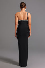 Clarissa Black One-Shoulder Bandage Dress with Pearl Detailing and Slit Design